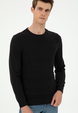 Erkek Slim Fit Bisiklet Yaka Siyah Kazak - 50297064037