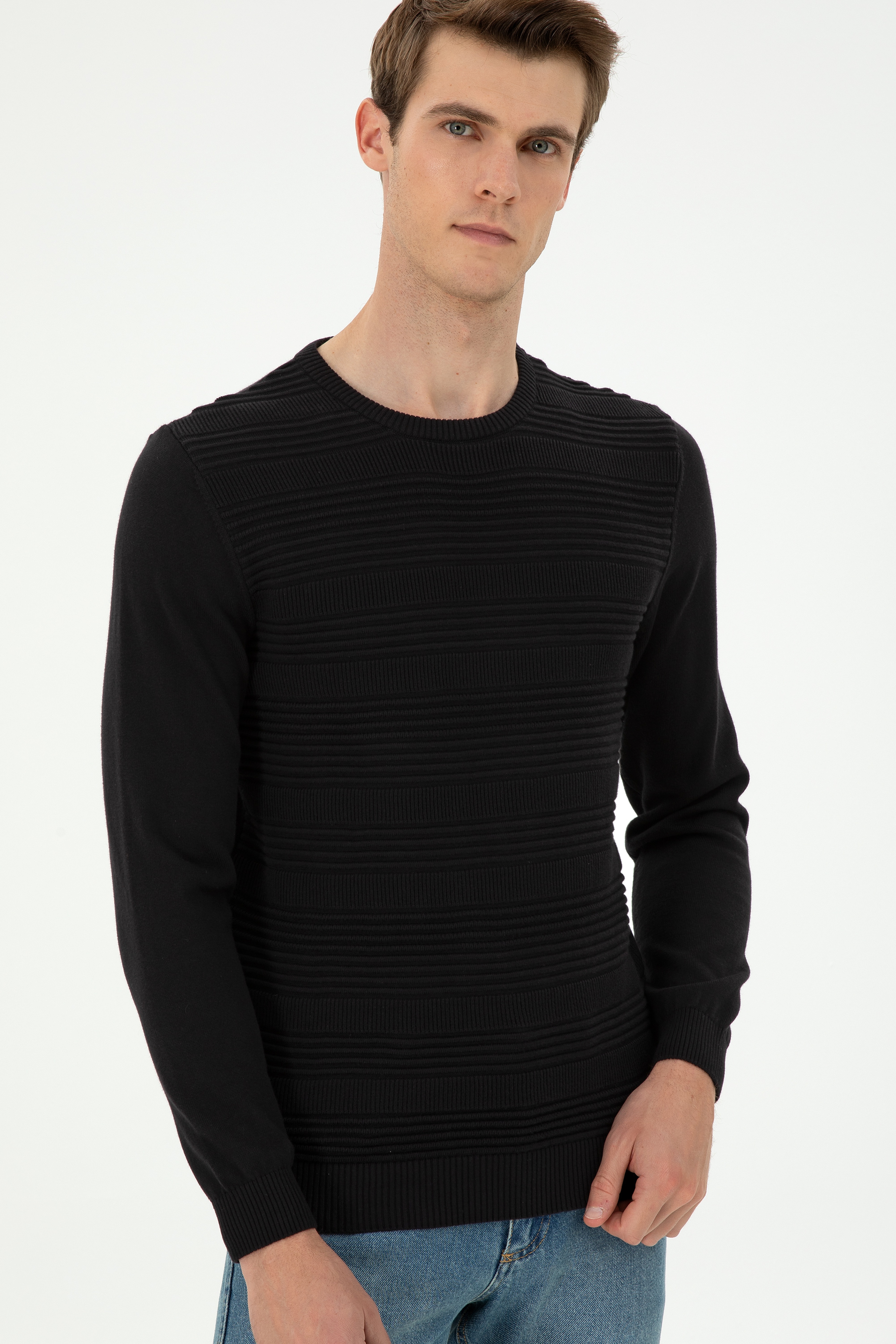 Erkek Slim Fit Bisiklet Yaka Siyah Kazak - Image 3