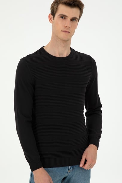 Erkek Slim Fit Bisiklet Yaka Siyah Kazak