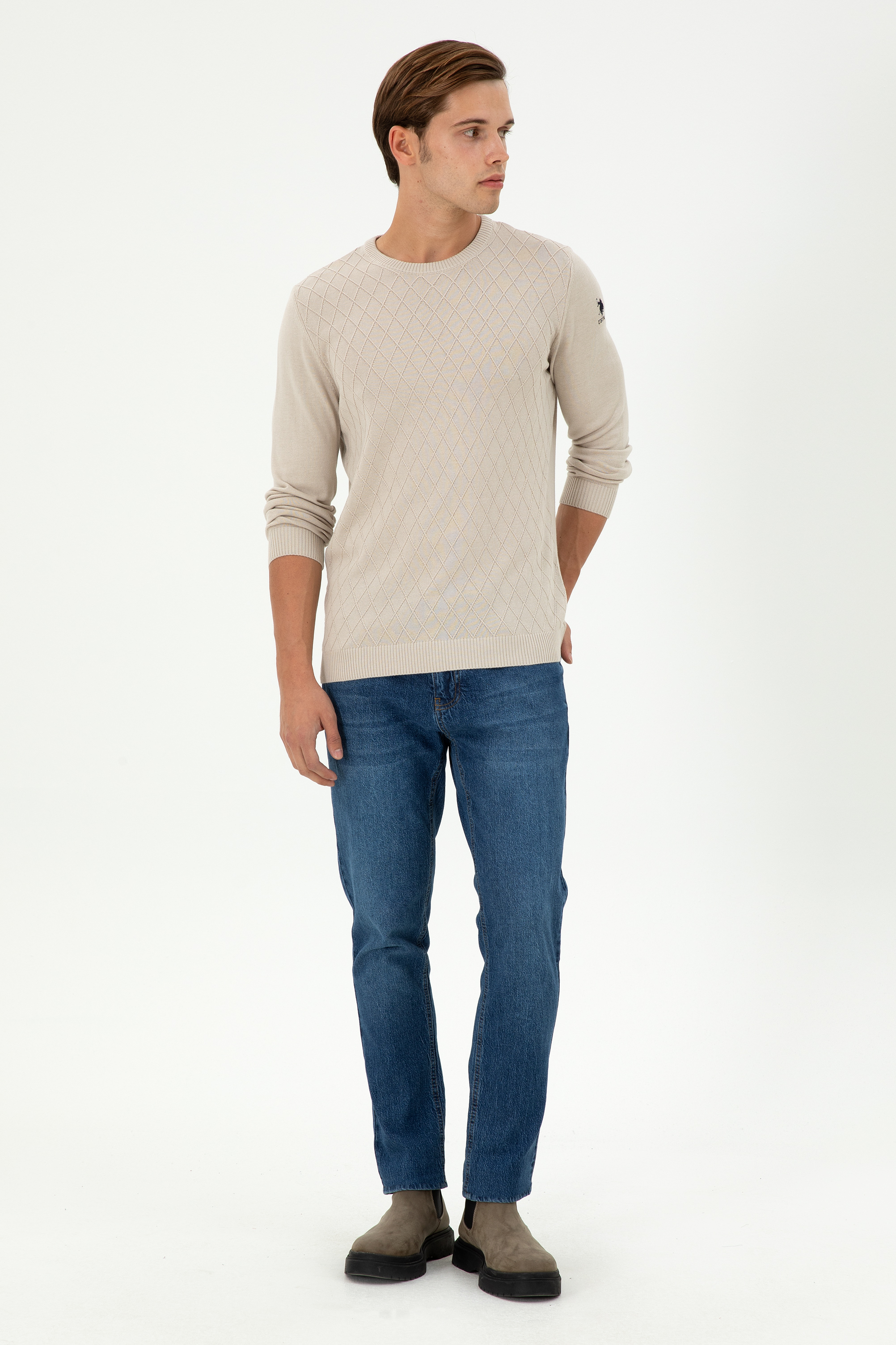 Erkek Slim Fit Bisiklet Yaka Taş Kazak - Image 4