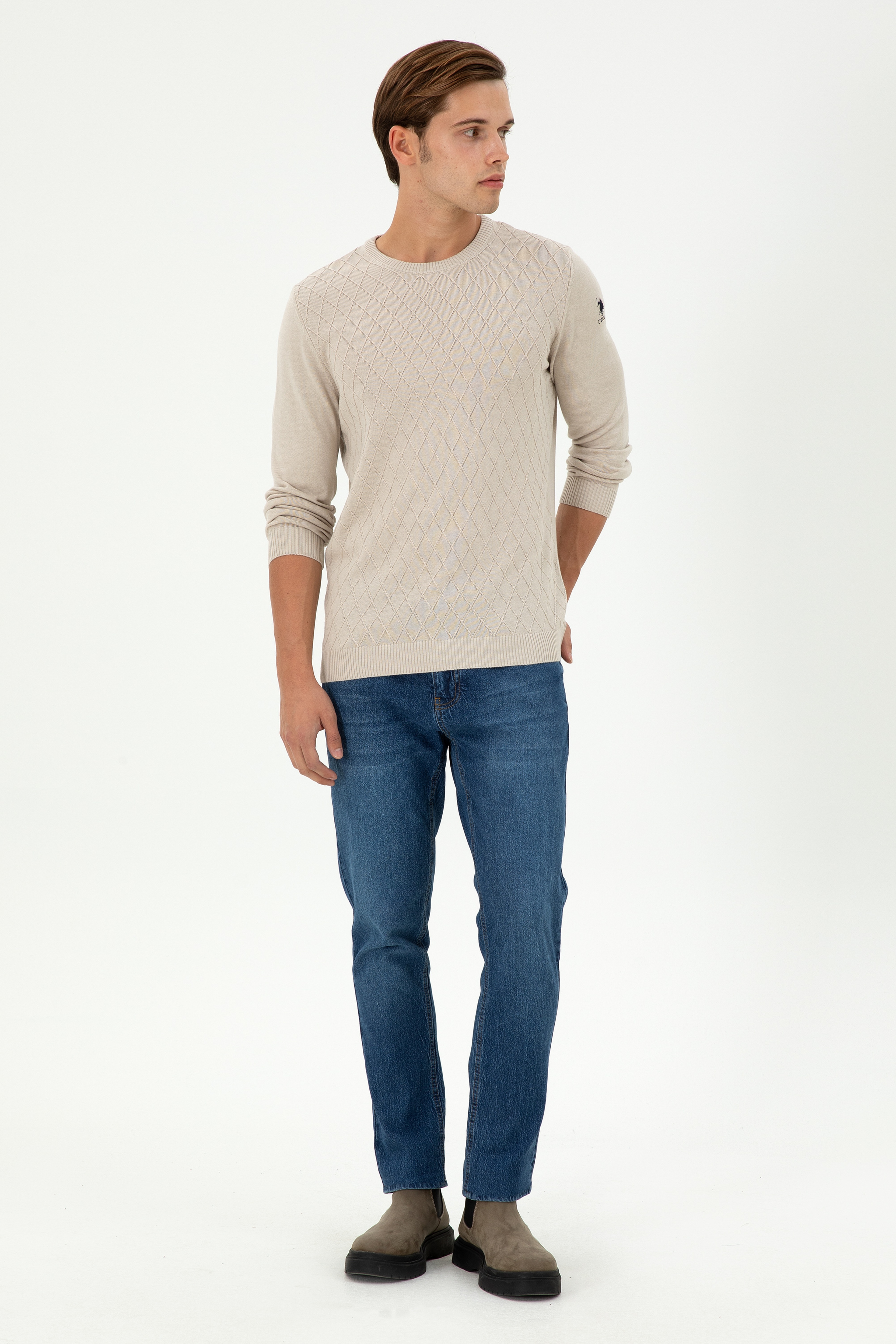 Erkek Slim Fit Bisiklet Yaka Taş Kazak