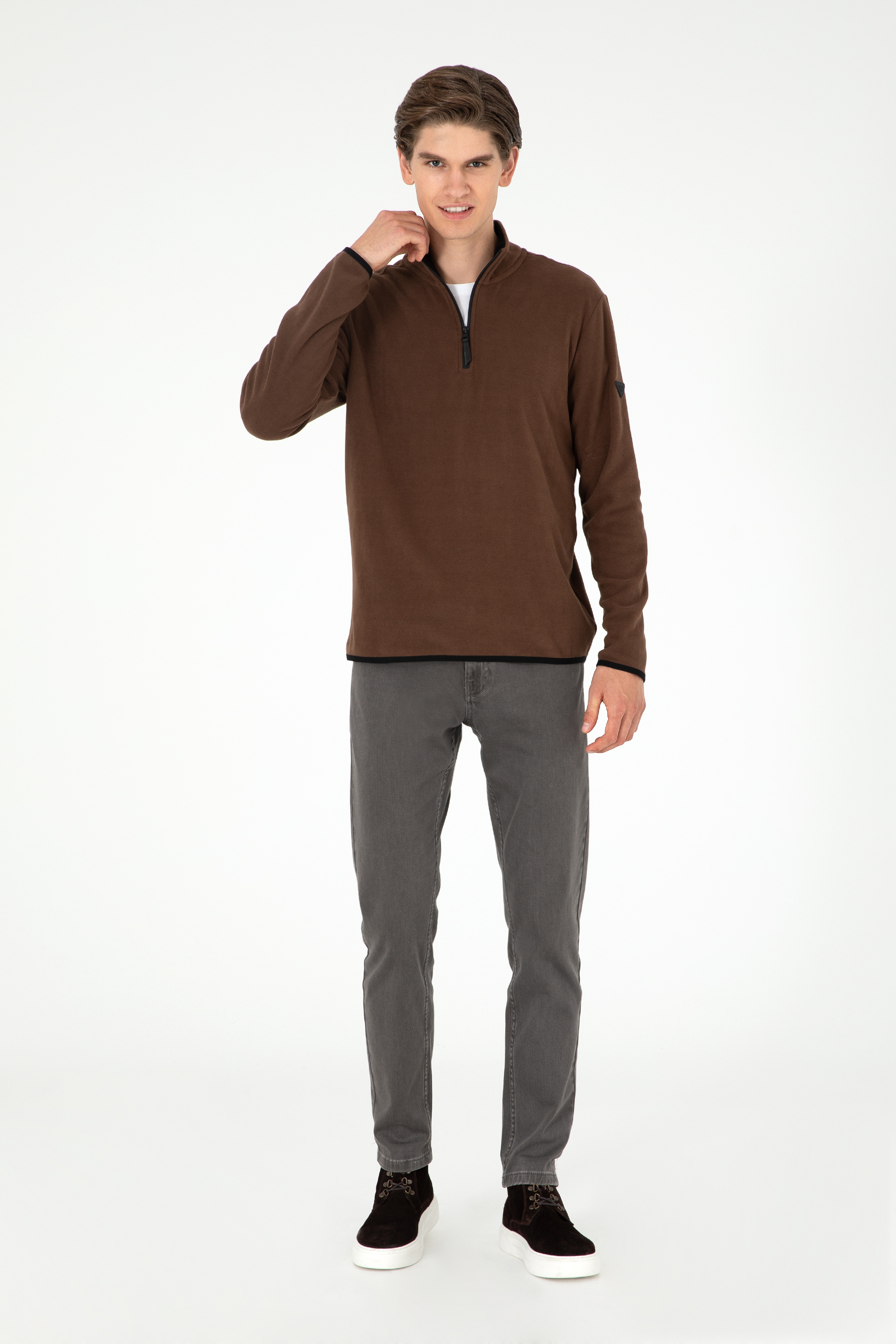 Erkek Yarım Fermuarlı Kahverengi Basic Polar Sweatshirt - Image 4