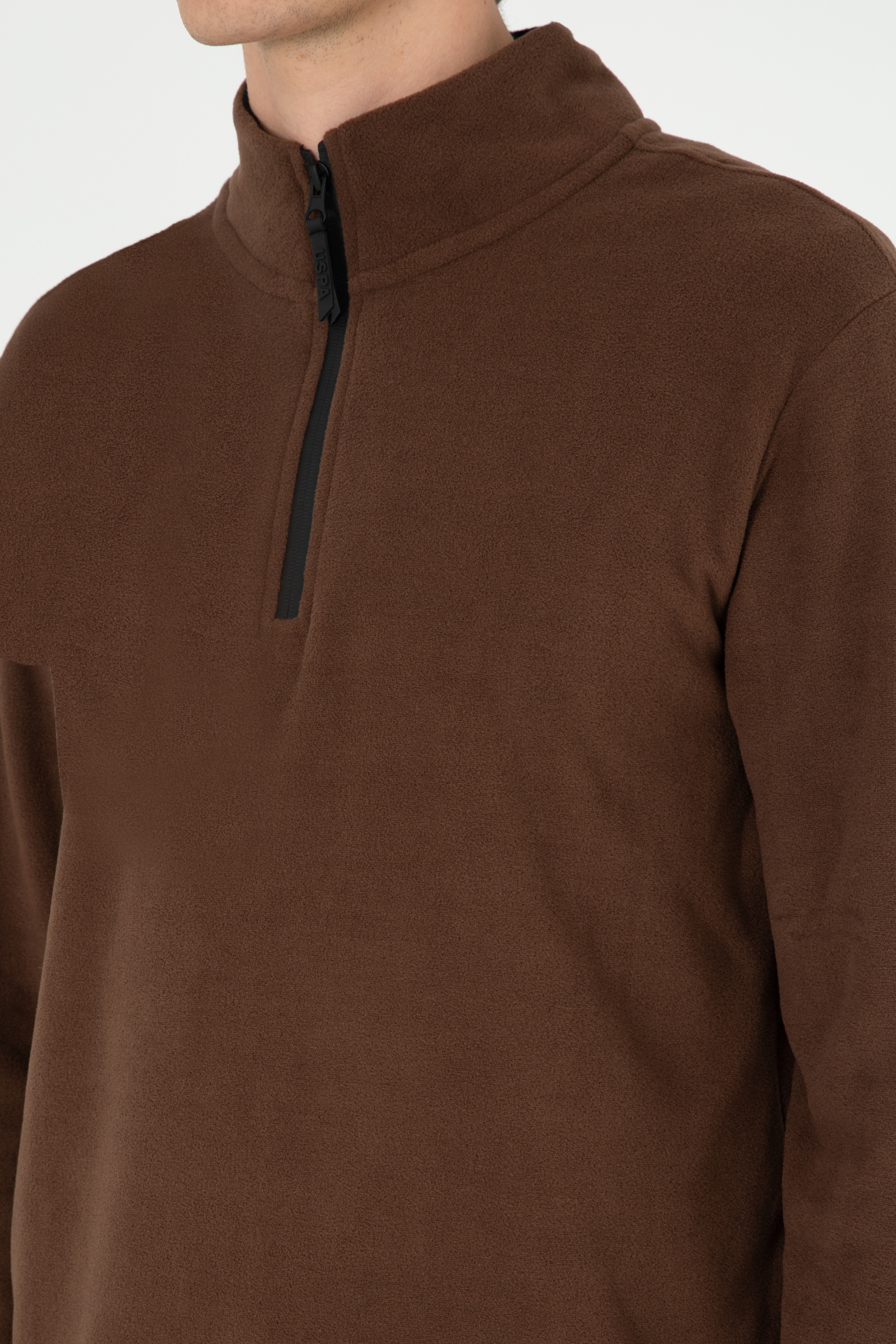 Erkek Yarım Fermuarlı Kahverengi Basic Polar Sweatshirt - Image 7
