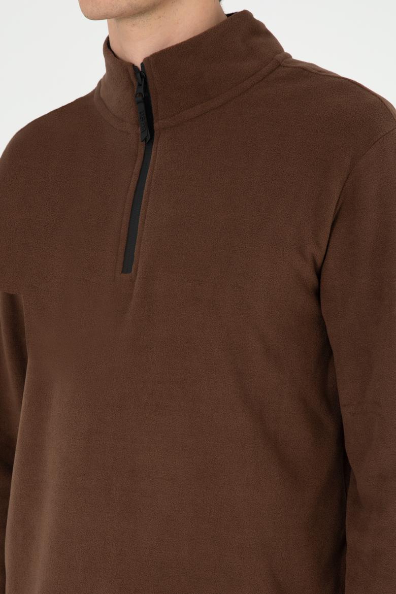 Erkek Yarım Fermuarlı Kahverengi Basic Polar Sweatshirt - 50298085068