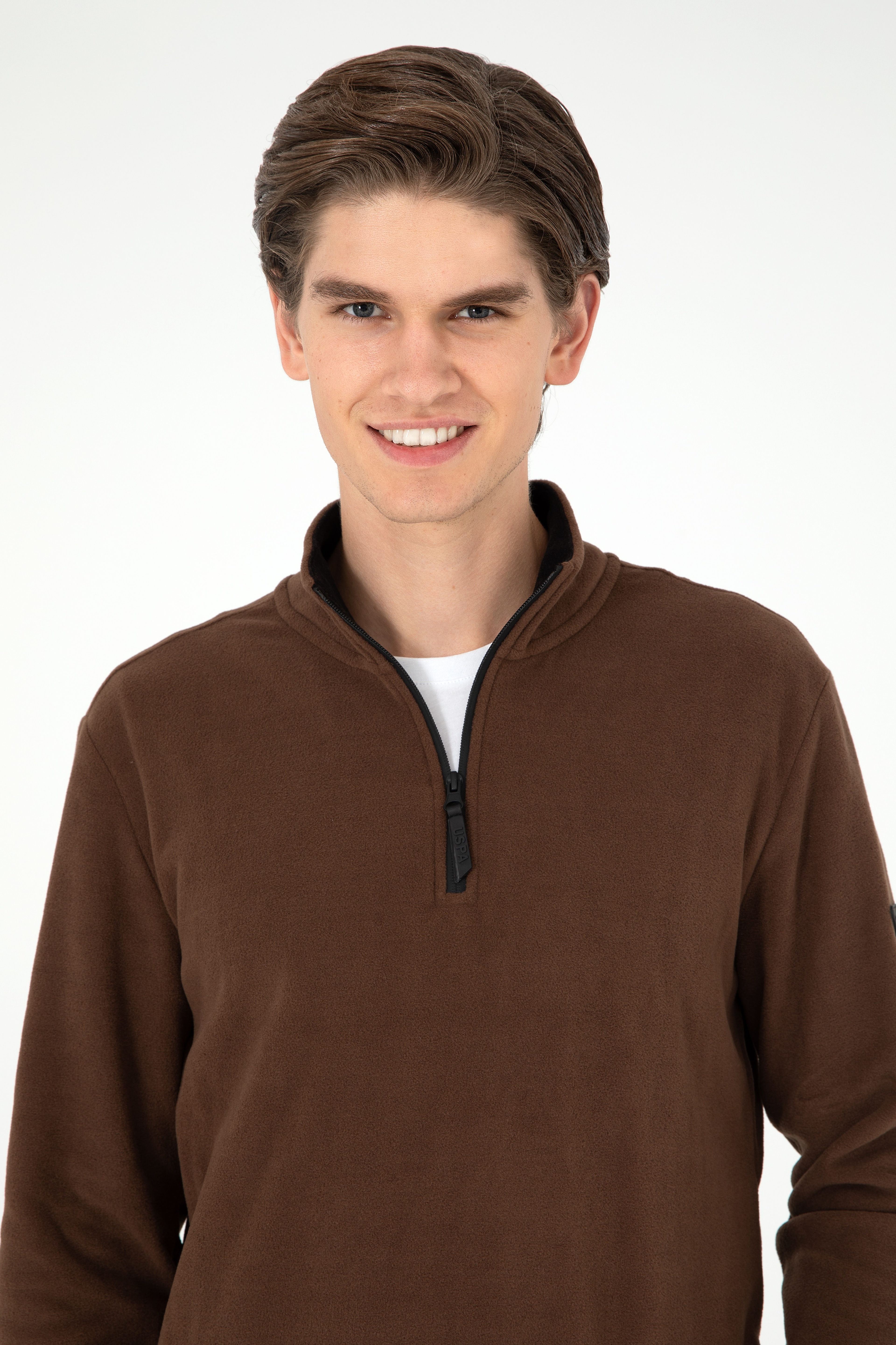 Erkek Yarım Fermuarlı Kahverengi Basic Polar Sweatshirt - Image 2