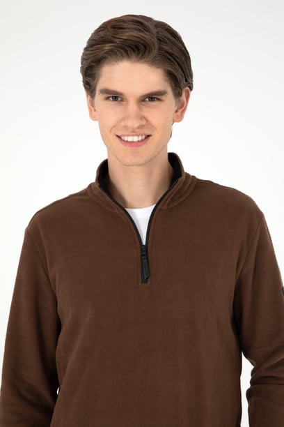 Erkek Yarım Fermuarlı Kahverengi Basic Polar Sweatshirt