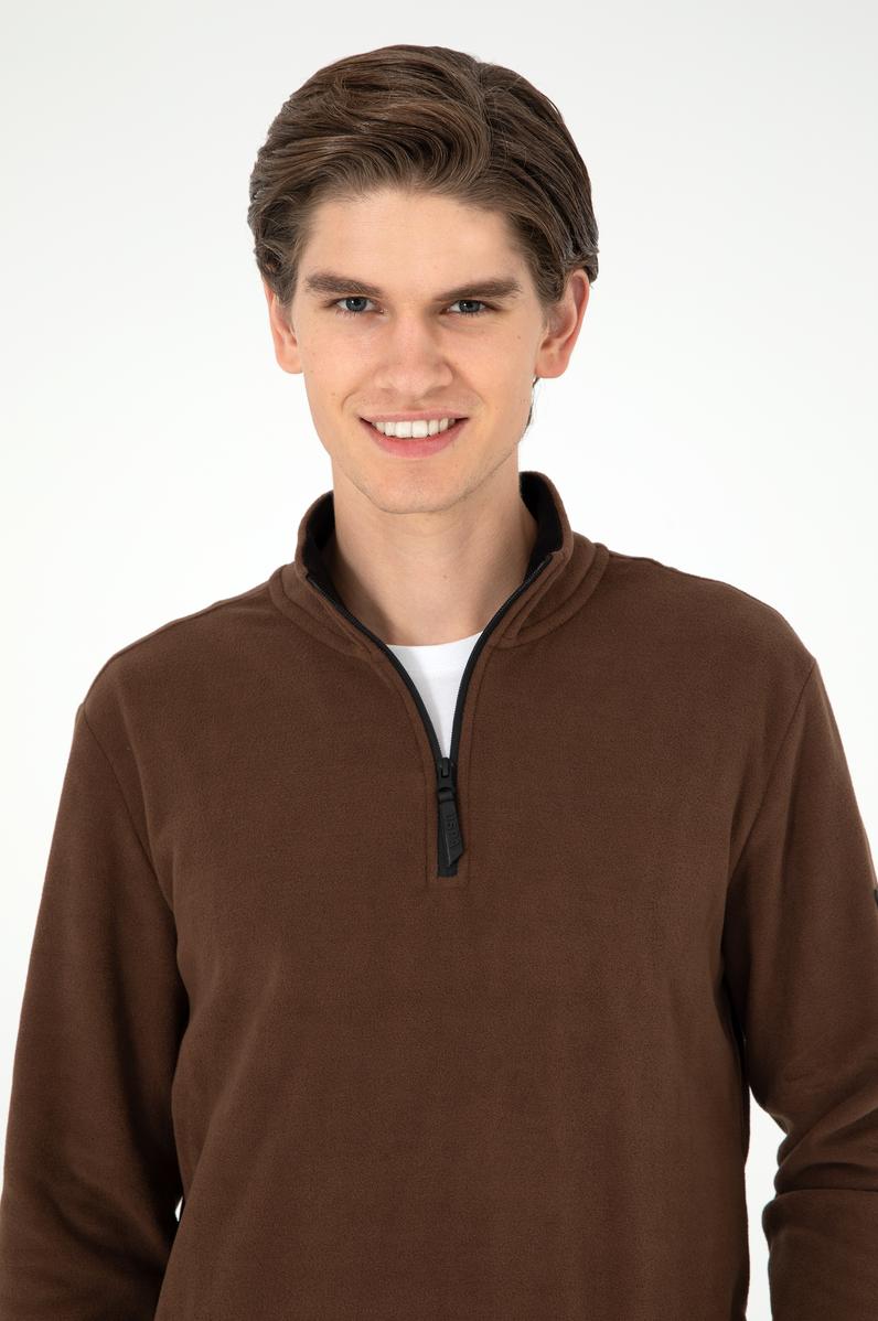 Erkek Yarım Fermuarlı Kahverengi Basic Polar Sweatshirt