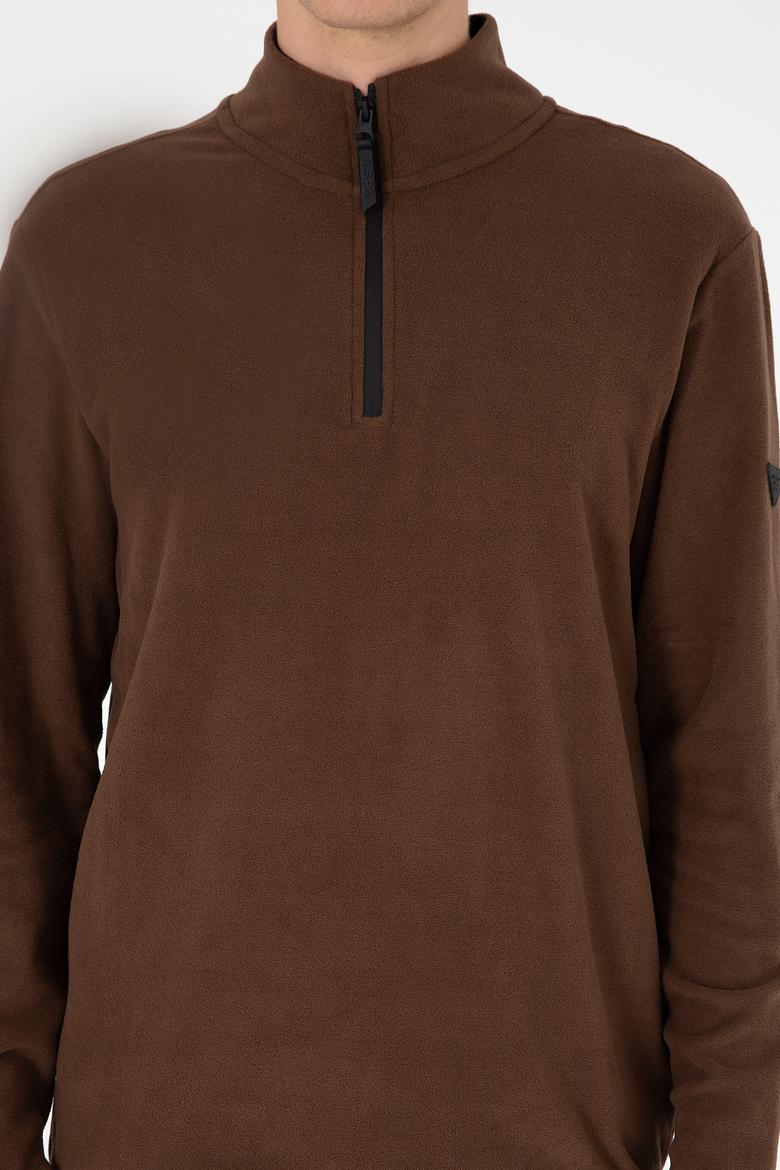 Erkek Yarım Fermuarlı Kahverengi Basic Polar Sweatshirt - 50298085068