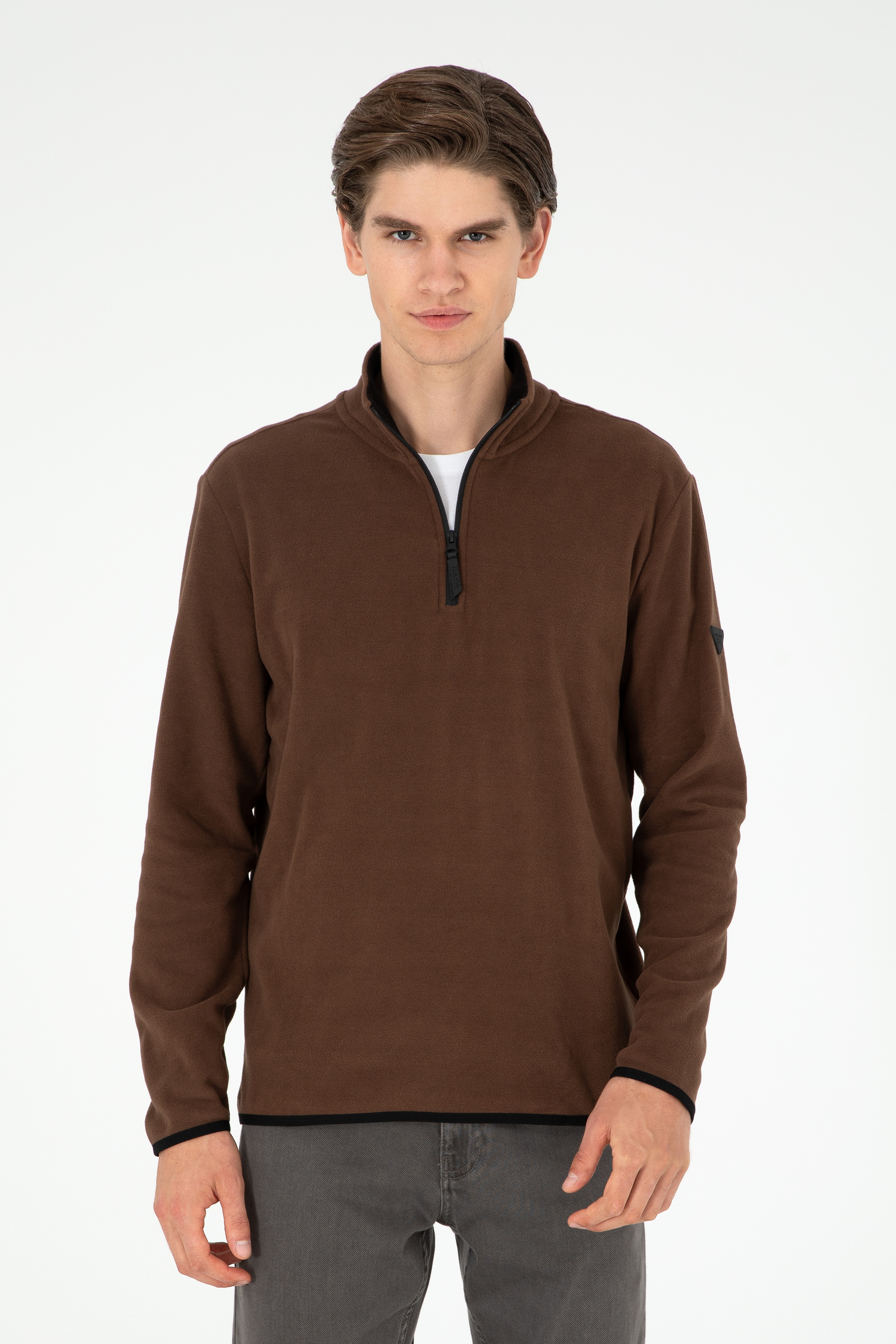 Erkek Yarım Fermuarlı Kahverengi Basic Polar Sweatshirt - Image 1