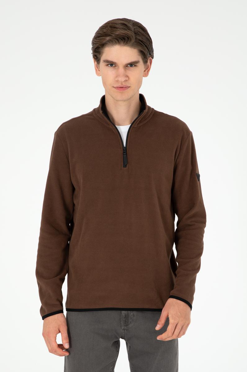 Erkek Yarım Fermuarlı Kahverengi Basic Polar Sweatshirt