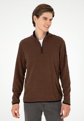 Erkek Yarım Fermuarlı Kahverengi Basic Polar Sweatshirt - 50298085068