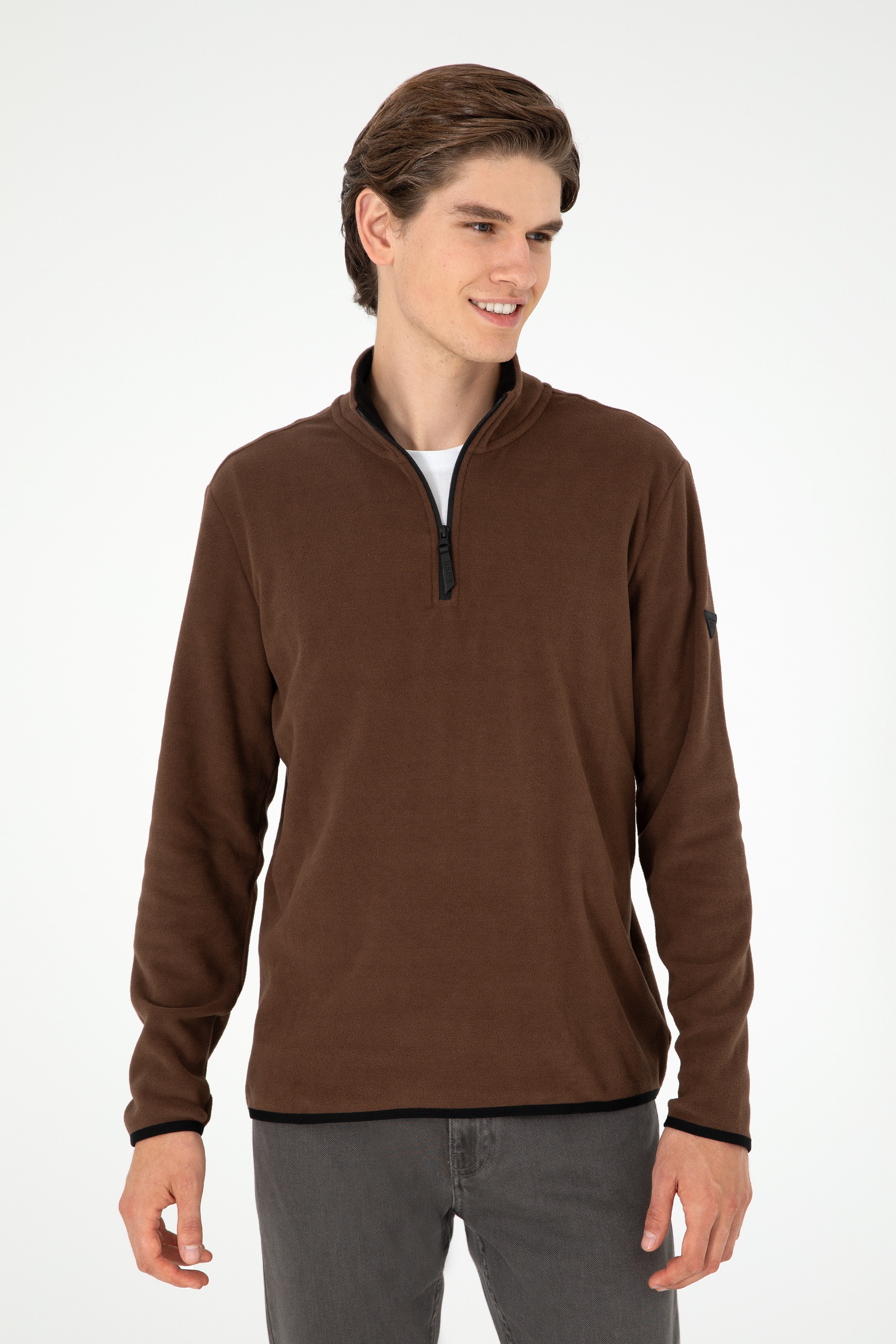 Erkek Yarım Fermuarlı Kahverengi Basic Polar Sweatshirt
