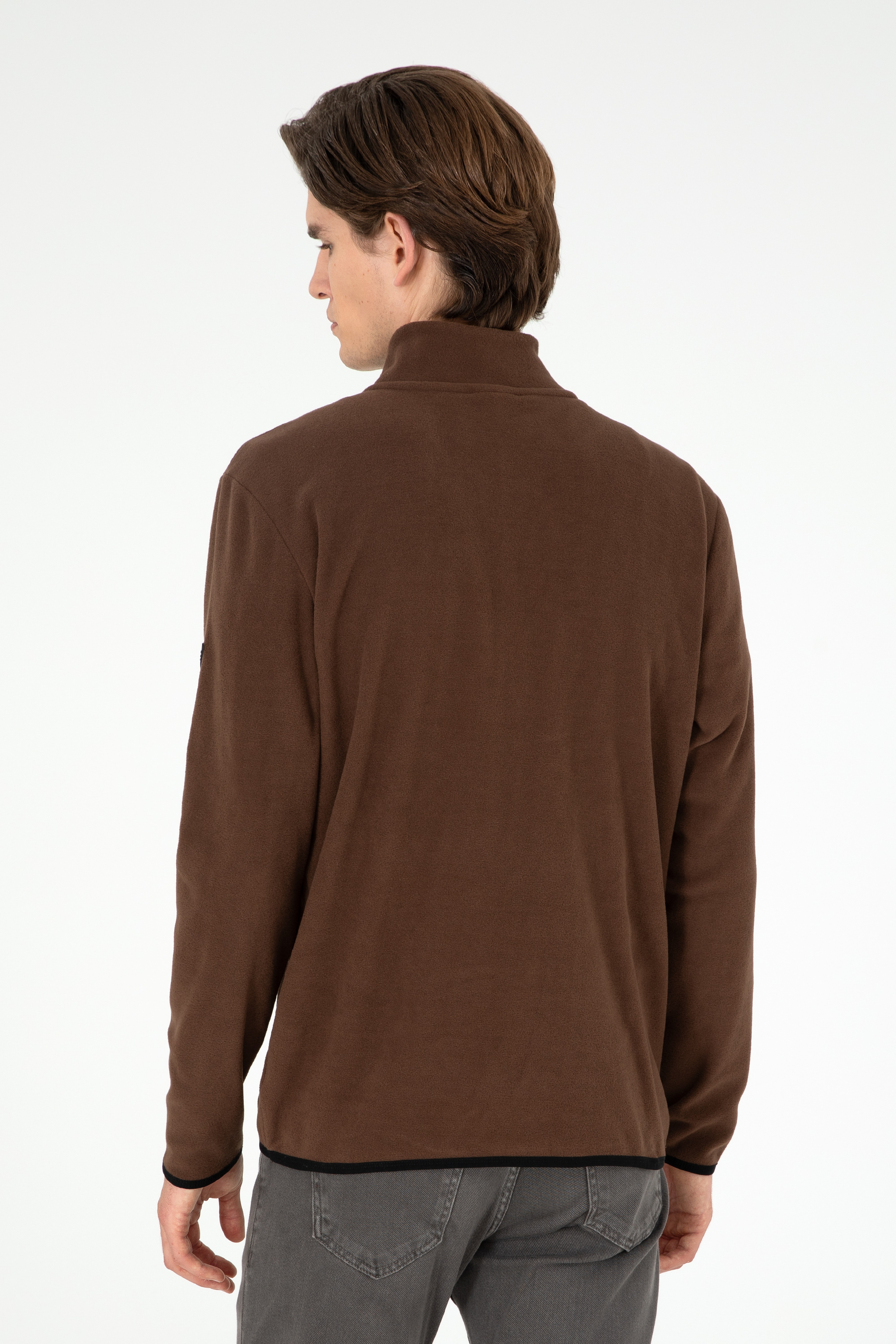 Erkek Yarım Fermuarlı Kahverengi Basic Polar Sweatshirt