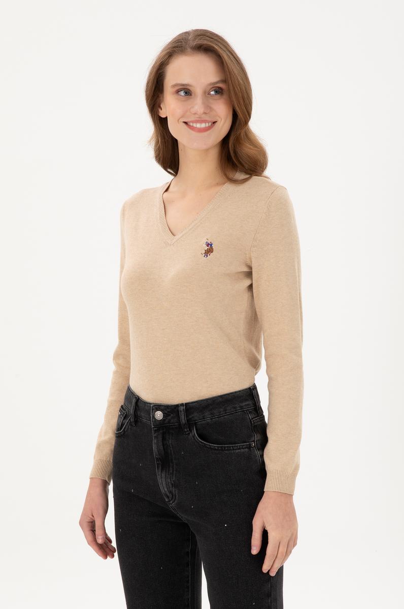 Kadın Kum Melanj Basic V Yaka Kazak