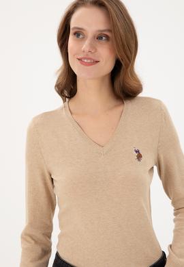 Kadın Kum Melanj Basic V Yaka Kazak - 50288983006