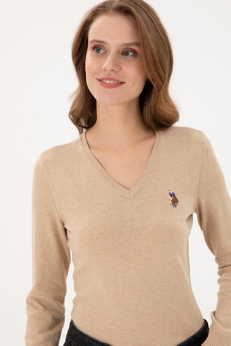 Kadın Kum Melanj Basic V Yaka Kazak - 50288983006