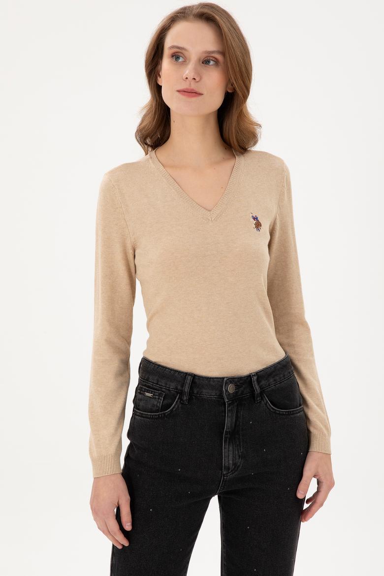 Kadın Kum Melanj Basic V Yaka Kazak - 50288983006