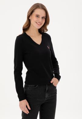 Kadın Siyah V Yaka Basic Kazak - 50288983026