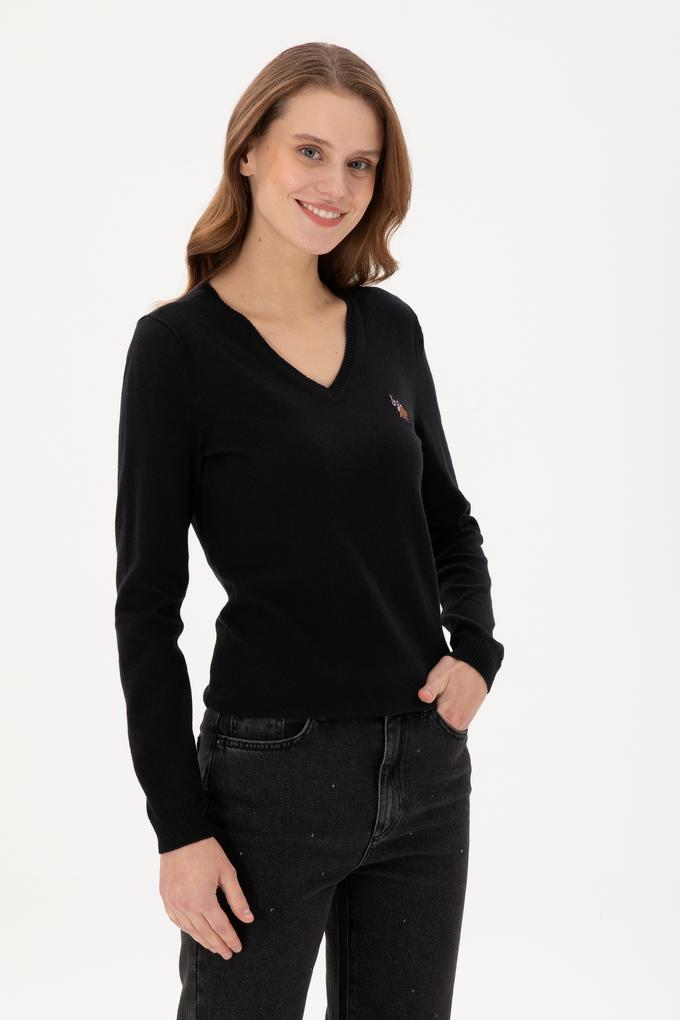 Kadın Siyah V Yaka Basic Kazak