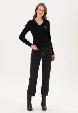 Kadın Siyah V Yaka Basic Kazak - 50288983026