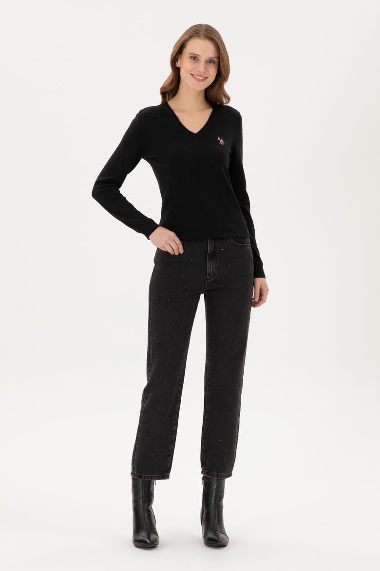Kadın Siyah V Yaka Basic Kazak - 50288983026