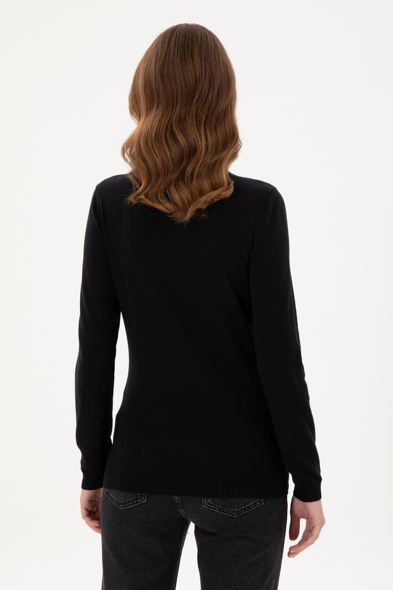 Kadın Siyah V Yaka Basic Kazak - 50288983026