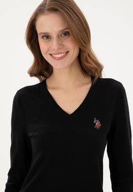 Kadın Siyah V Yaka Basic Kazak - 50288983026