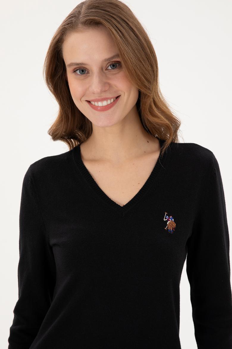 Kadın Siyah V Yaka Basic Kazak - 50288983026