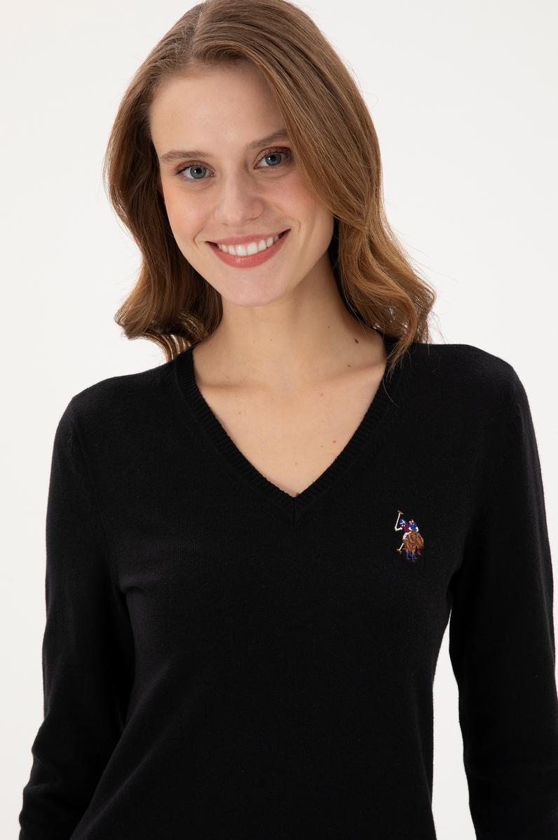 Kadın Siyah V Yaka Basic Kazak