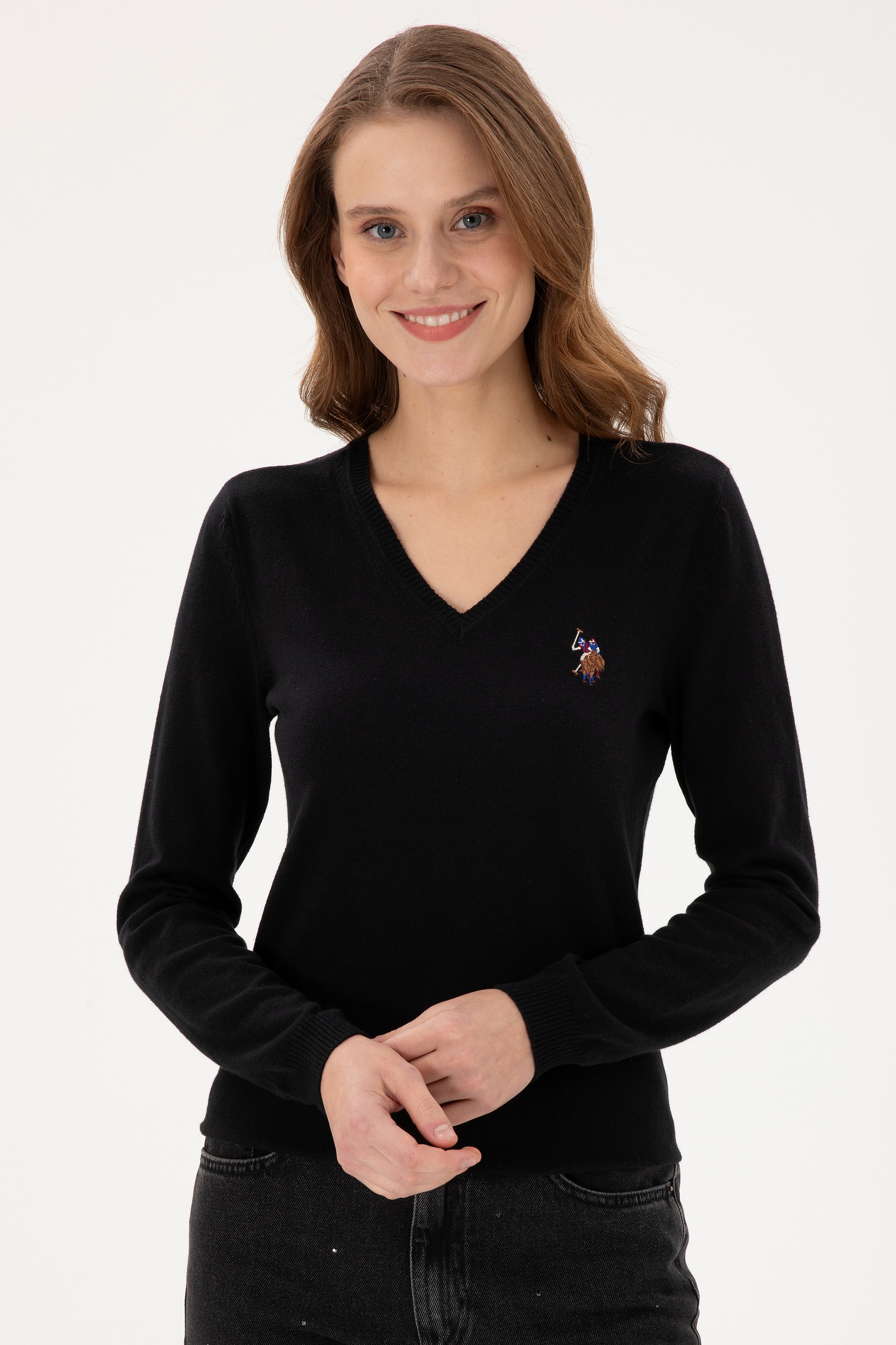 Kadın Siyah V Yaka Basic Kazak - Image 3