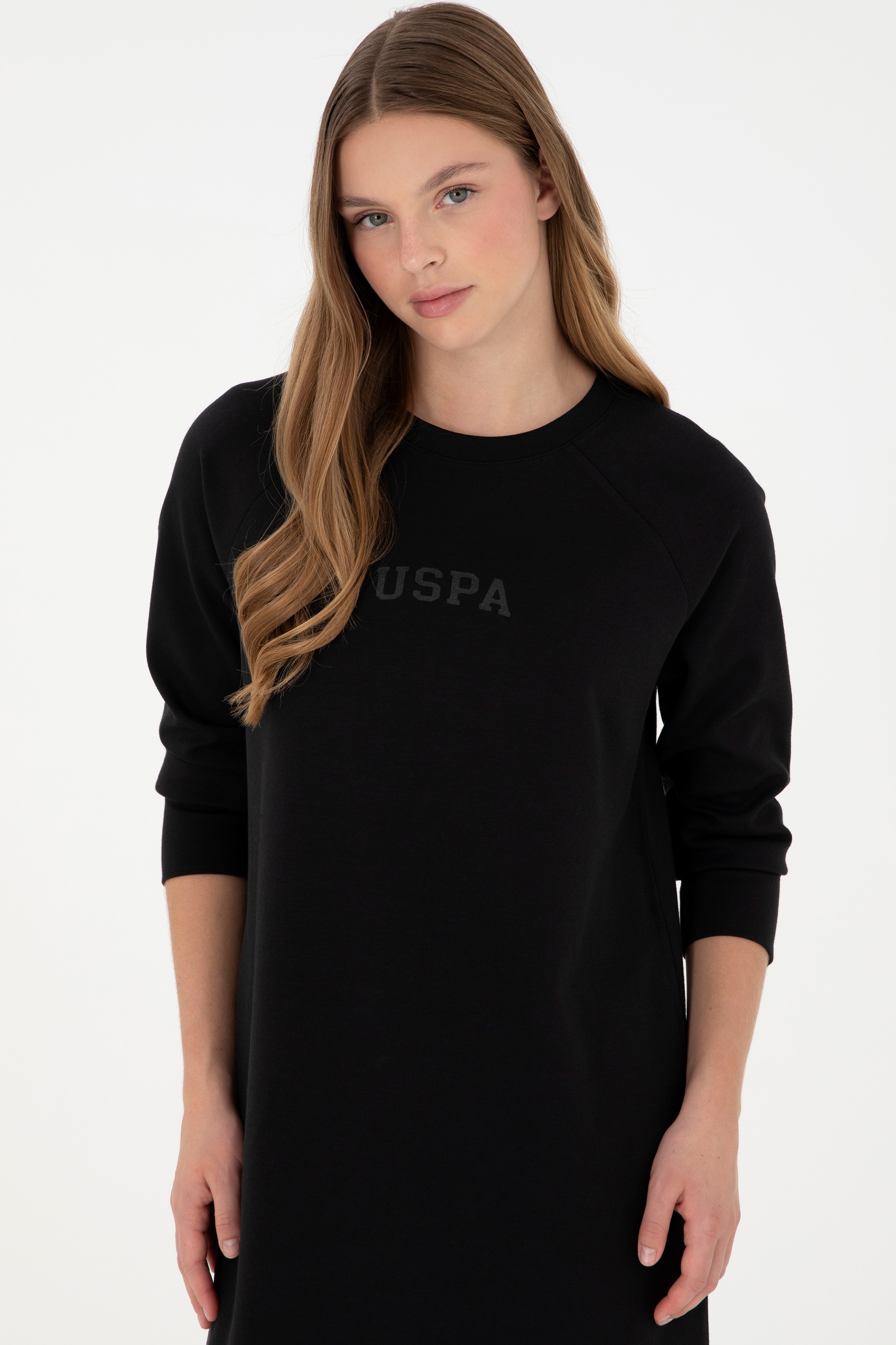Kadın Siyah Sweatshirt Bisiklet Yaka Mini Boy Örme Elbise - Image 2