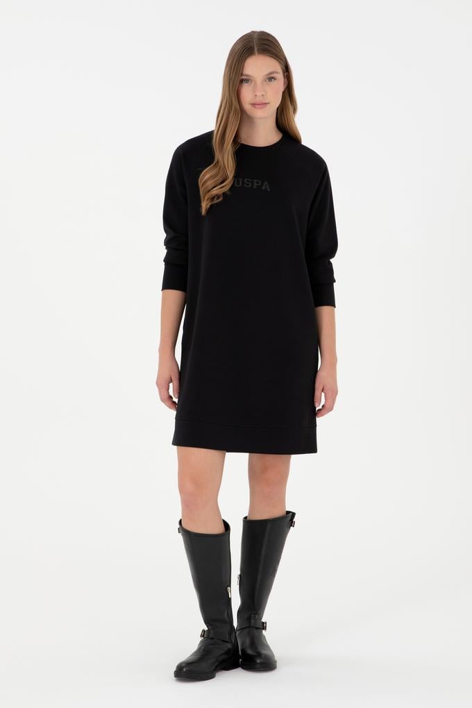 Kadın Siyah Sweatshirt Bisiklet Yaka Mini Boy Örme Elbise