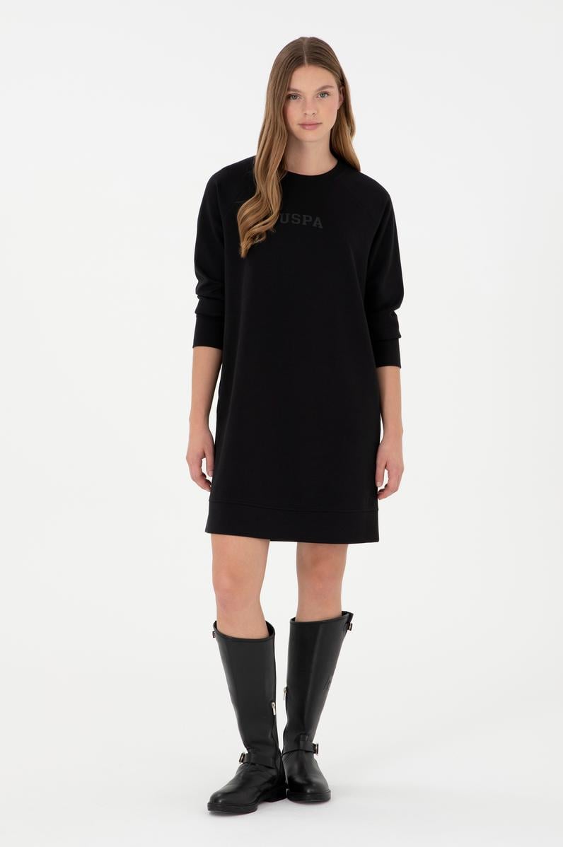 Kadın Siyah Sweatshirt Bisiklet Yaka Mini Boy Örme Elbise