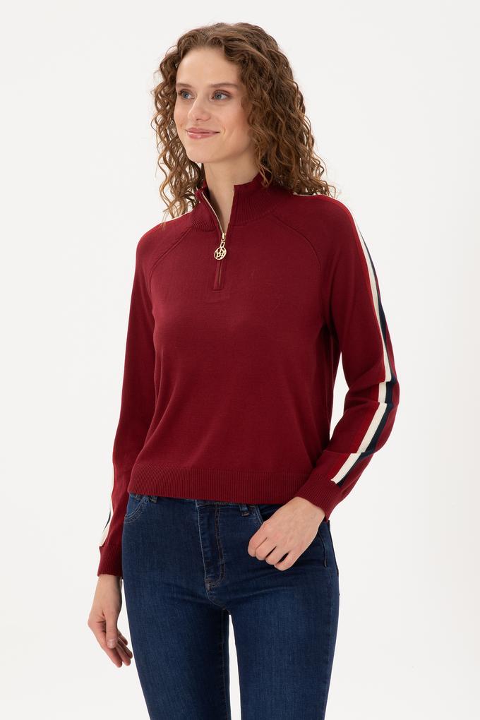 Kadın Bordo V Yaka Kazak