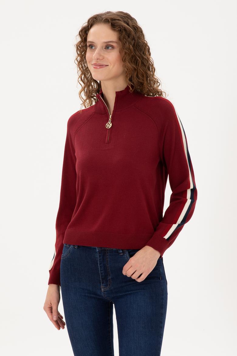 Kadın Bordo V Yaka Kazak