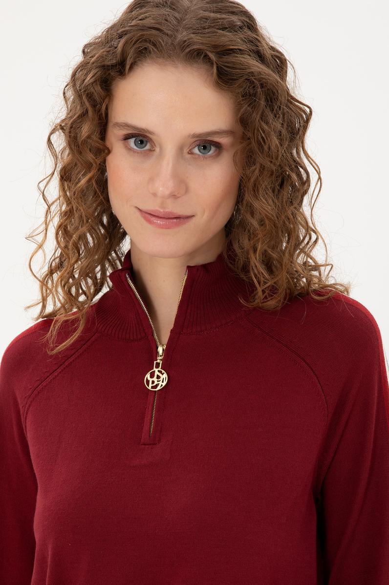 Kadın Bordo V Yaka Kazak