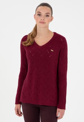 Kadın Vişne V Yaka Kazak - 50297399014