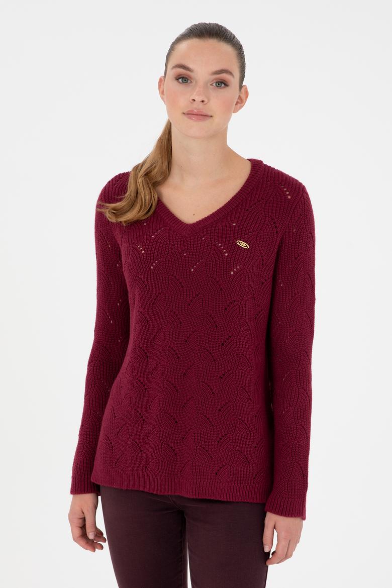 Kadın Vişne V Yaka Kazak