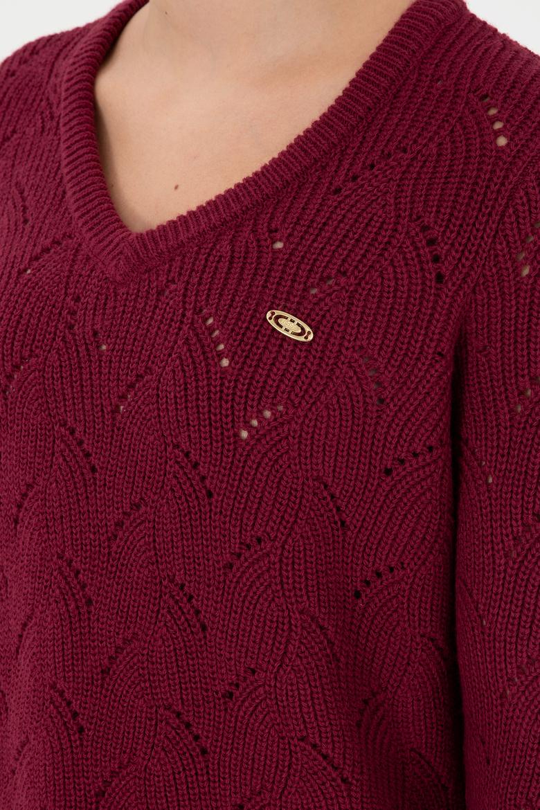 Kadın Vişne V Yaka Kazak - 50297399014