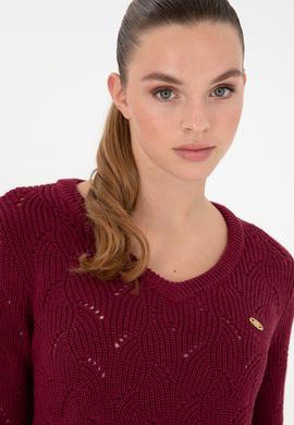 Kadın Vişne V Yaka Kazak - 50297399014