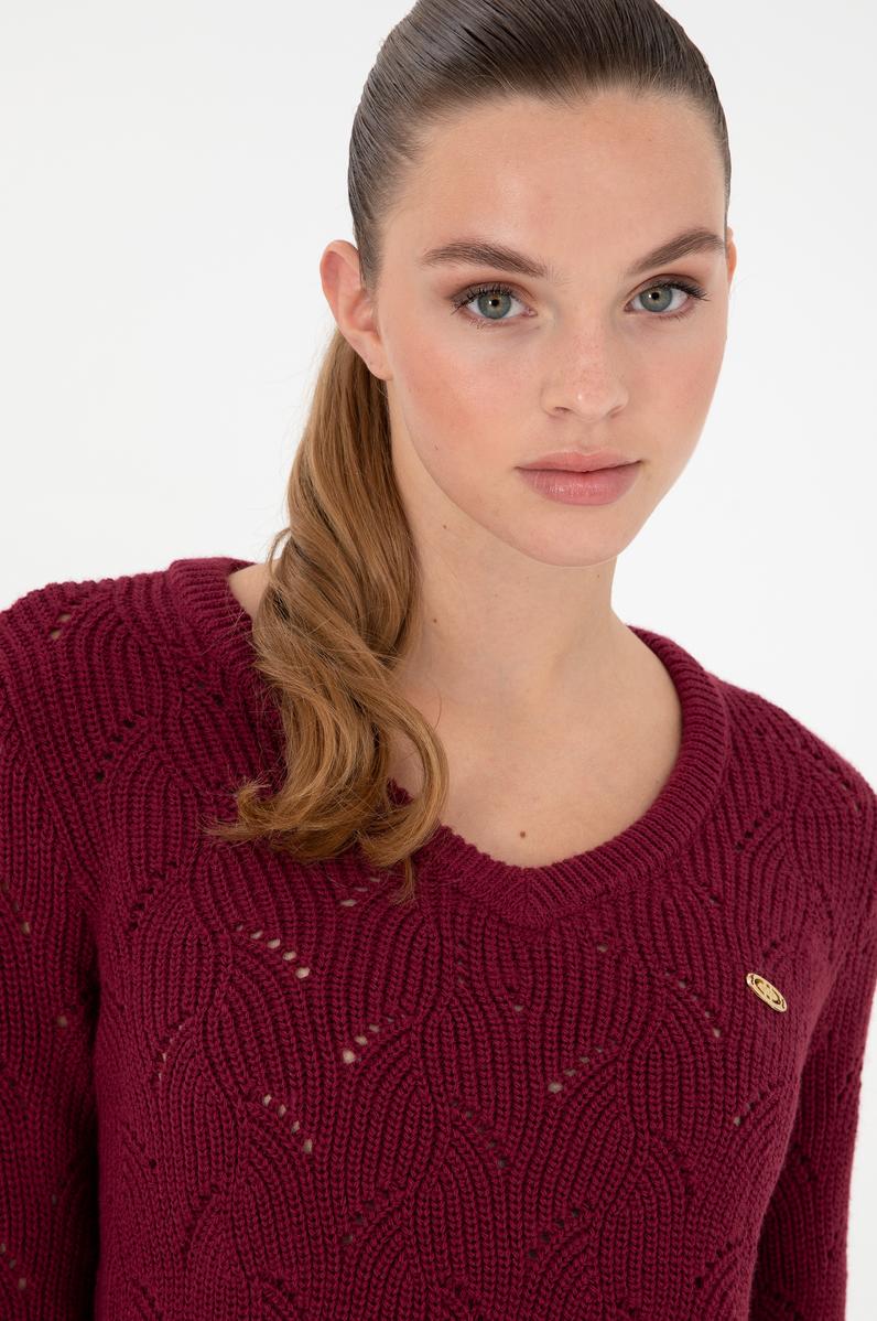 Kadın Vişne V Yaka Kazak