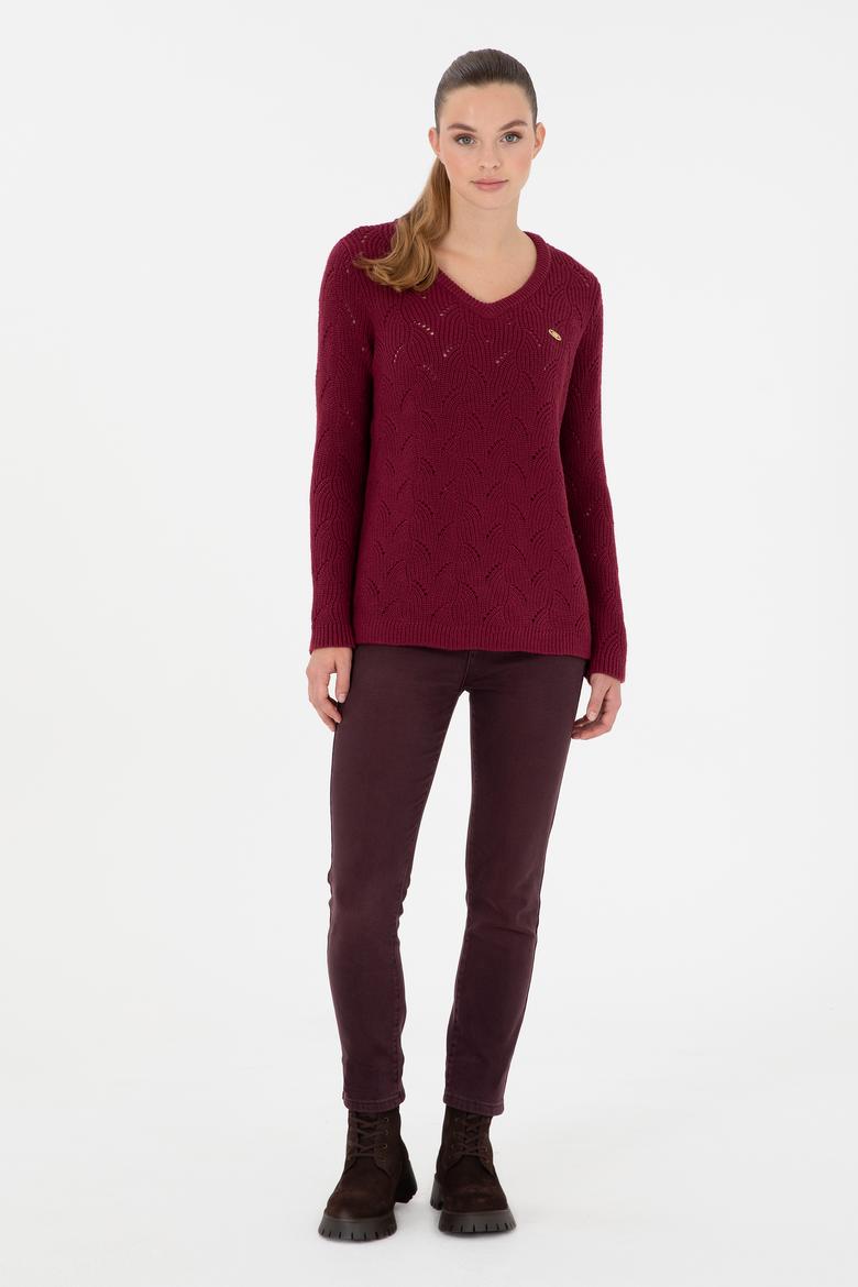 Kadın Vişne V Yaka Kazak - 50297399014