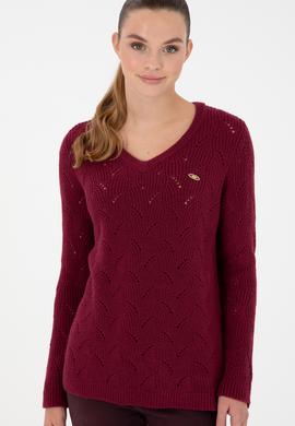 Kadın Vişne V Yaka Kazak - 50297399014