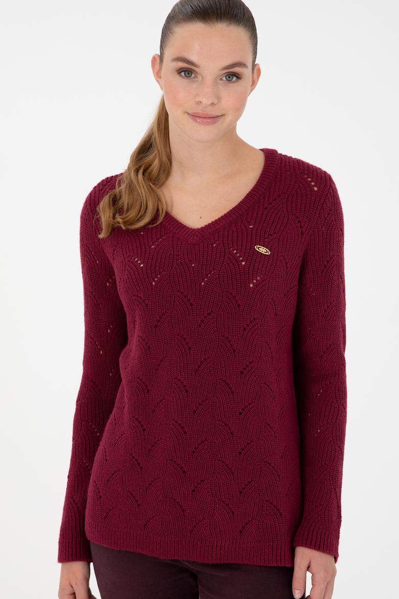 Kadın Vişne V Yaka Kazak - 50297399014