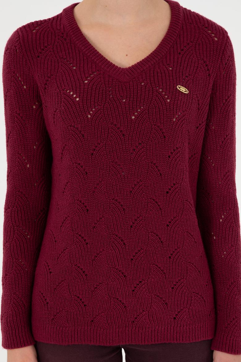 Kadın Vişne V Yaka Kazak - 50297399014