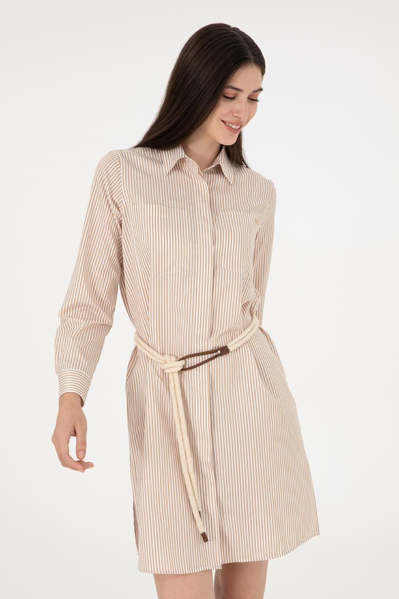 Kadın Kum Çizgili Mini Boy Dokuma Elbise - 50297375018