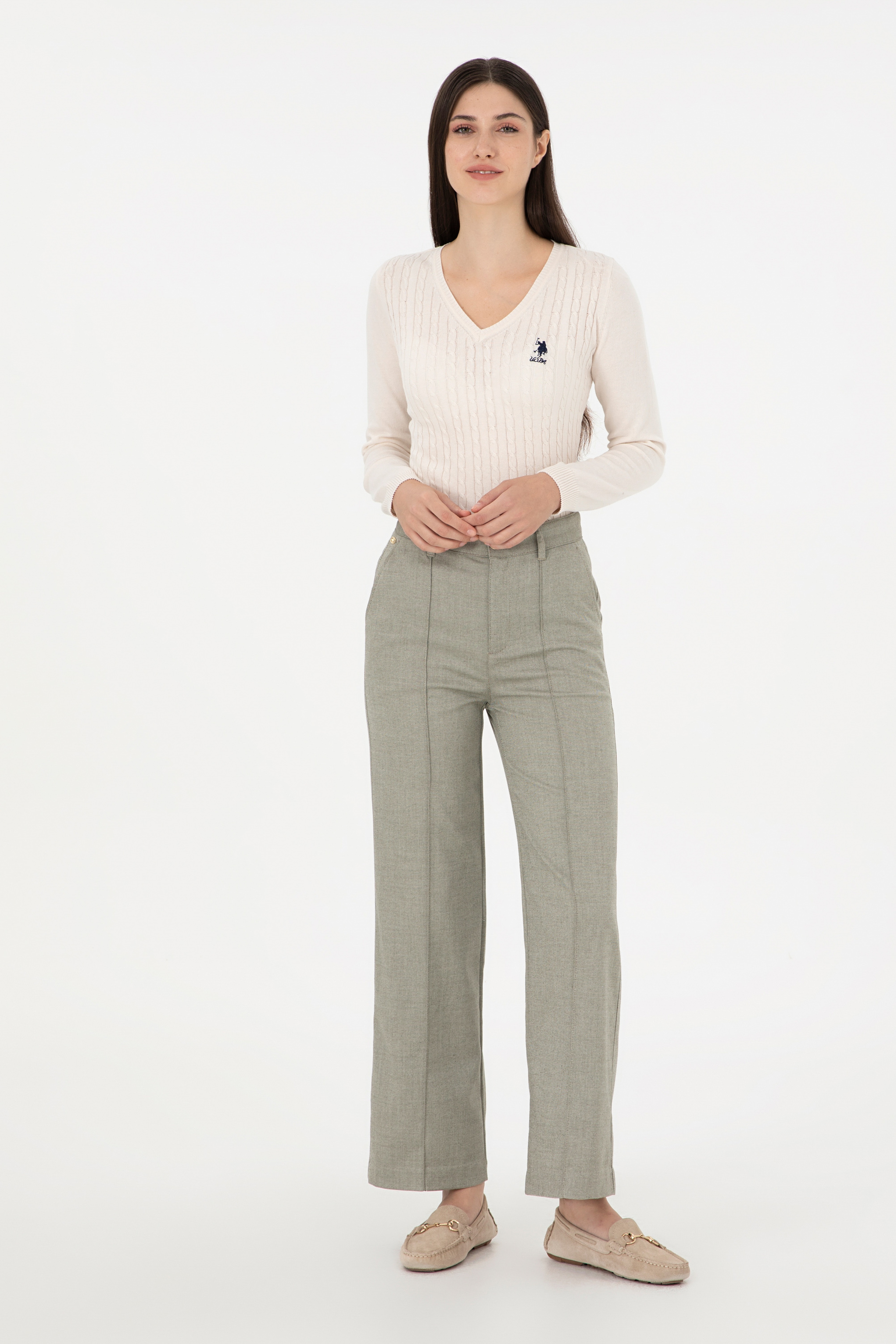 Kadın Haki Straight Fit Kanvas Pantolon - Image 3