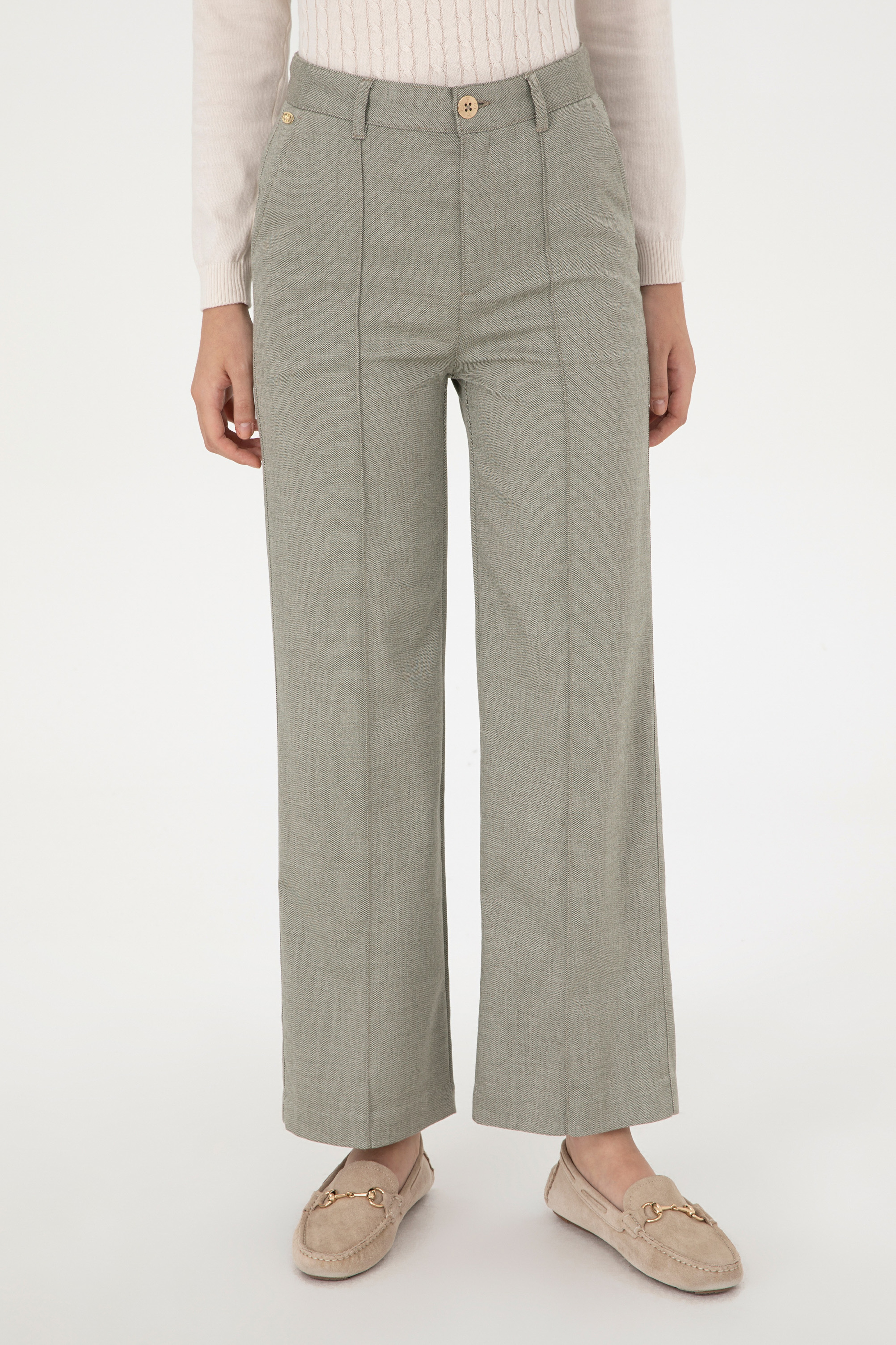 Kadın Haki Straight Fit Kanvas Pantolon - Image 2