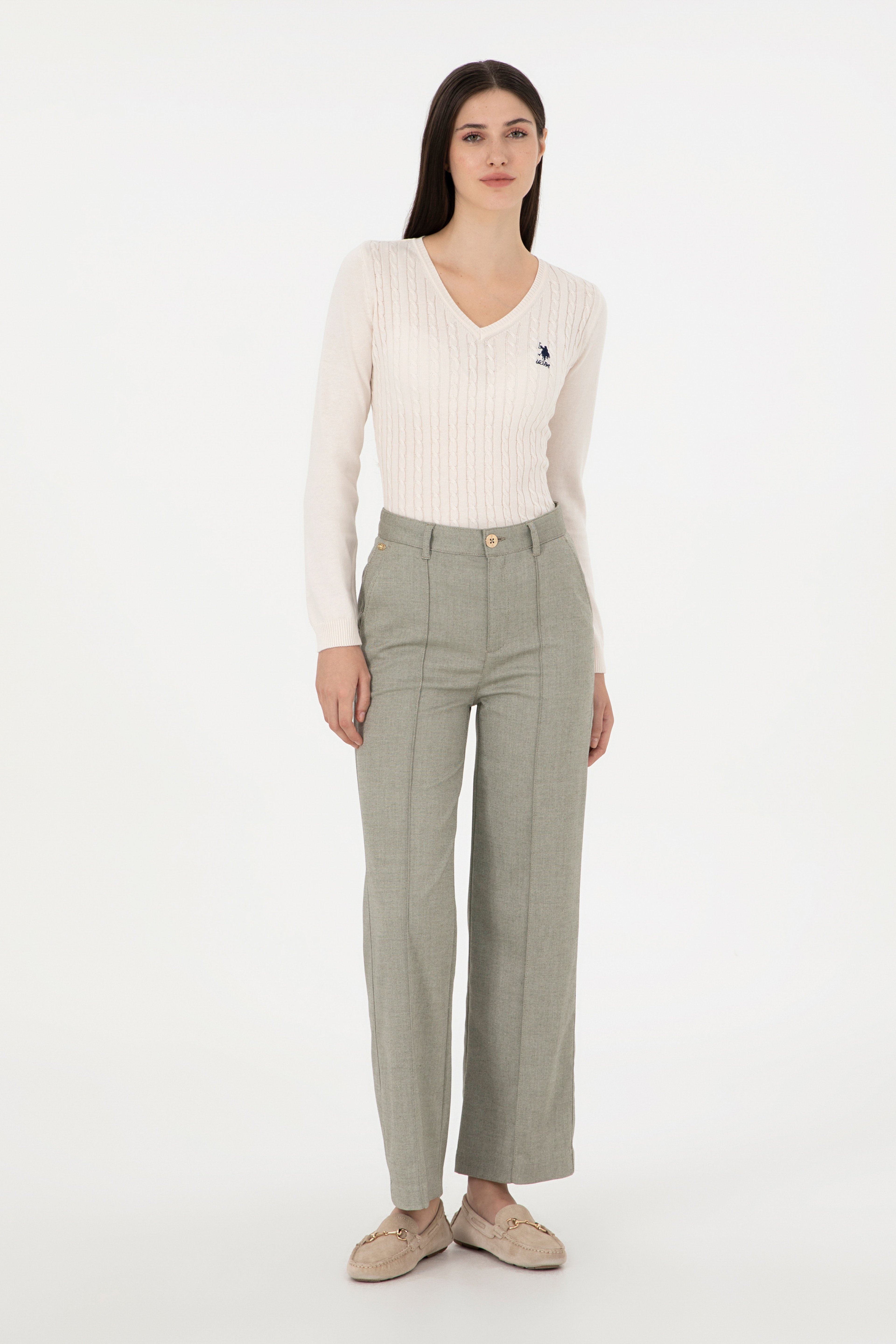 Kadın Haki Straight Fit Kanvas Pantolon - Image 1
