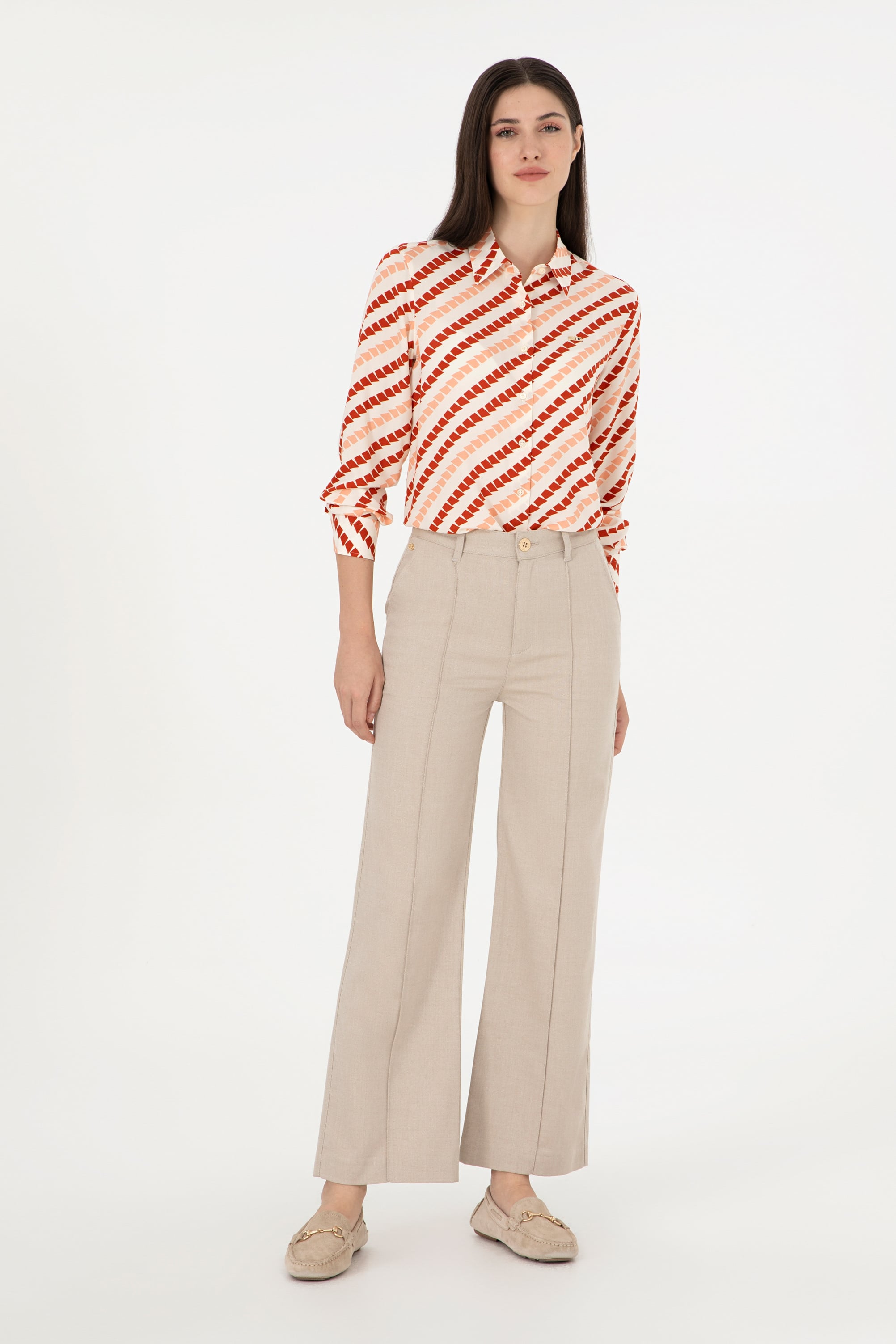 Kadın Kum Straight Fit Kanvas Pantolon - Image 1